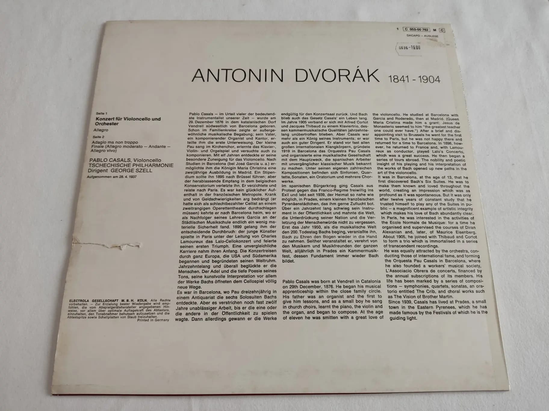 Główne zdjęcie - Pablo Casals, Dvořák, Szell - Konzert Für Violoncello Und Orchester H-Moll